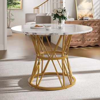 Mesa de comedor redonda efecto mármol, metal 100 cm, dorado