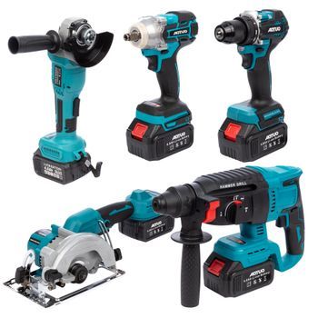 Set De 5 Herramientas Eléctricas, Radial Angular, Martillo Percutor, Taladro, Sierra De Calar Y Llave De Impacto 21v. Con Dos Baterías De 13000mah. 54,5x24x39 Cm. Color: Azul