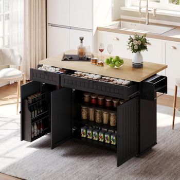 Isla De Cocina Con Encimera Abatible, Seis Ruedas Bloqueables Y Acabado Negro Con Detalles Naturales
