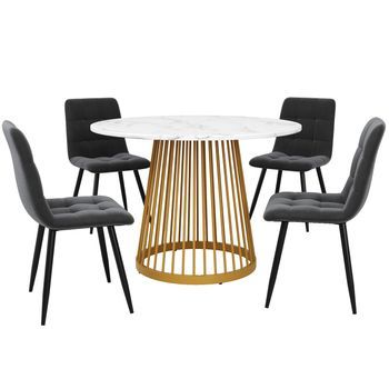 Conjunto De Comedor: Mesa Redonda De 80 Cm Con Base Dorada Y 4 Sillas Grises