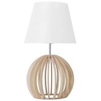 lampara de mesa base de madera redonda clara pantalla de tela blanca moderna samo