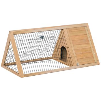 PawHut Jaula para Conejos en Forma de Triangular con Puertas y Rejilla Metálica Madera 116x62,2x52,5 cm Natural   Aosom España