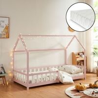 cama infantil hesel en forma de casa con reja y colchon 90x200cm - rosa encasa