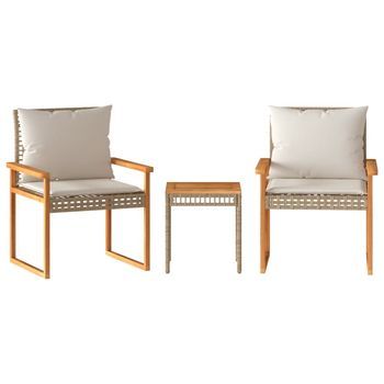 Mesita Y Sillas Con Cojines 3 Uds | Conjunto Mueble Jardin Ratán Pe Acacia Beige Mezcla