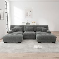sofa en forma de u modular de chenilla gris con otomana movil 3 plazas