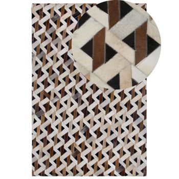Alfombra De Cuero Marrón Y Gris Patrón Geométrico 160 X 230 Cm Rústico Boho Tuglu