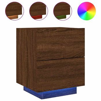 Mesita De Noche | Mesa Auxiliar | Mesilla Con Luces Led Madera De Ingeniería Roble Marrón