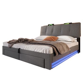 Cama De 140x200cm-con Puerto Usb Tipo C-led-ropa De Cama-gris
