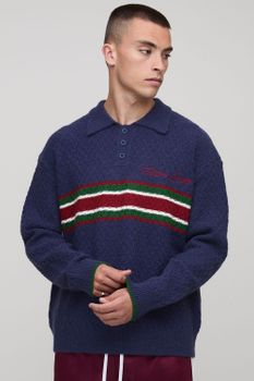 Oversized Embroidered Panel Textured Knitted Polo, Navy