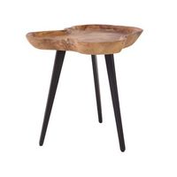 mesa auxiliar de madera clara teca tripode base de acero bandeja superior besa decorativa de estilo rustico elsa