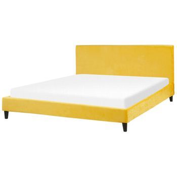 Cama Tapizada En Terciopelo Amarillo 180 X 200 Cm Marco De Listones Estilo Contemporáneo Fitou