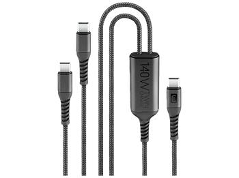 Cable USB - CellularLine Twin Charge, 140 W, Carga simultánea, C, Universal, Negro