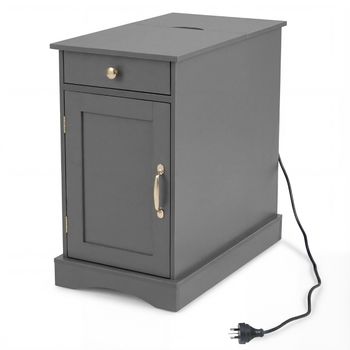 Costway Mesita de Noche con Estación de Carga Mueble de Madera con Cajón Armario y Estante Ajustable para Dormitorio Salón y Sofá Gris