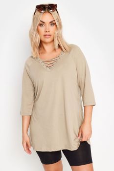 Yours Top Marrón Claro Con Cordón En Escote, Mujer Curvy Y Tallas Grandes, Yours