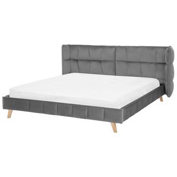 Cama Tapizada En Terciopelo Gris Con Patas De Madera Clara 180 X 200 Cm Somier Con Listones Cabecero Con Alas Ajustables Senlis