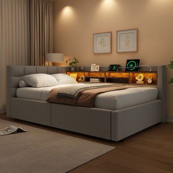 Sofá Cama Gris 90x200 Con Almacenamiento Hidráulico, Estantes Y Luz Led