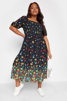 Limited Collection Vestido Nido De Abeja Negro De Flores Con Manga Abullonada, Mujer Curvy Y Tallas Grandes, Limited Collection