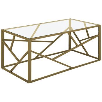 Mesa De Centro Con Marco De Metal Dorado Y Tapa De Cristal Con Diseño Geométrico Orland