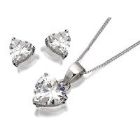 silver cubic zirconia heart pendant and earring gift set - f3188