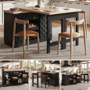 Isla De Cocina Giratoria 360 Grados Con Aparador, 120-197 Cm, Puertas Patchwork, Botellero Extraíble Y Cajones, Mdf