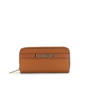 cartera grande con doble cremallera y efecto piel granulada tan