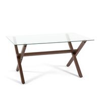 mesa rectangular 150x90 cm con tablero de vidrio templado y patas de metal en x efecto madera - amos