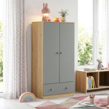 Armario Ropero Infantil Beldinupp Con 2 Puertas 1 Cajón 123x60x40 Cm Roble/gris [en.casa]