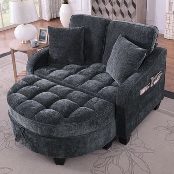 Sofá Cama Con Taburete - Mueble De Salón - Madera De Eucalipto - Negro (132x129x93cm)
