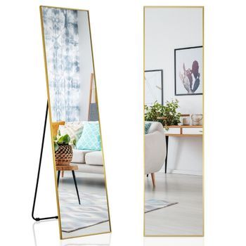 Espejo De Cuerpo Entero De 160 X 40 Cm Espejo De Pie Y De Pared 2 En 1 De Cristal Irrompible Dorado