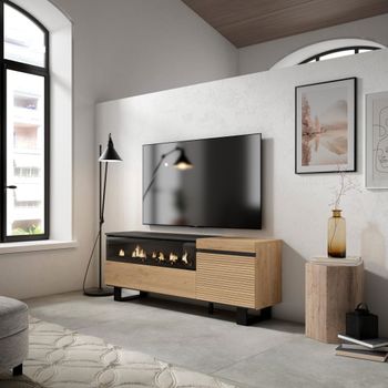 Mueble tv efecto madera roble 150x35x57cm chimenea efecto fuego