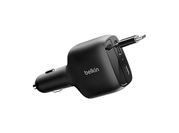 Cargador coche - Belkin BBC036hqDG-MR, Compatible con dispositivos alimentados por USB-C, Cable USB-C retráctil, Negro