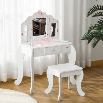 Tocador Infantil De Madera Con Taburete Espejo Y Cajón Rosa Homcom