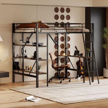 Cama Mezzanine De Metal Con Escritorio Y 3 Estantes De Almacenamiento, Para Niños, Adolescentes Y Adultos, 90x200 Cm, Negro