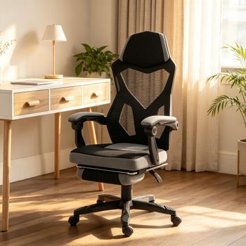 Silla Gaming Ergonómica Negra Y Gris, Respaldo Alto Reclinable Y Reposapiés Plegable