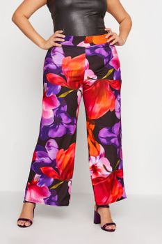 Yours London Pantalón Negro Ancho De Grandes Flores, Mujer Curvy Y Tallas Grandes, Yours London