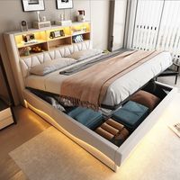 cama tapizada 180200 con espacio de almacenamiento hidraulico tira luminosa led controlada por aplicacion puerto de carga usb somier de listones de metal tapizado en lino beige
