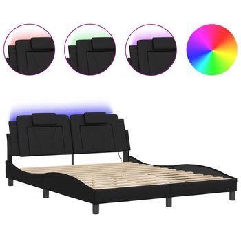 Cama Doble | Cama Para Adultos | Estructura De Cama Con Luces Led Cuero Pe Negro 160x200 Cm