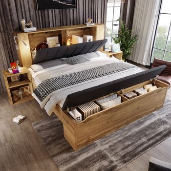 Cama Doble 160x200 Roble, Madera, Cabecera Lino Plegable, Almacenamientos, 2 Mesitas, Banco, Lámparas Usb, Somier Listones, Sin Colchón.