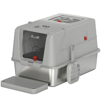 PawHut Arenero para Gatos de Acero Inoxidable XL con Tapa Borde Alto 2 Entradas Escalón Pala Diseño Desmontable Gris Claro   Aosom España