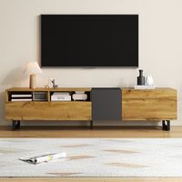 sweiko mueble para tv color block diseno sencillo contrastado 3 puertas  2 compartimentos patas metalicas u vetas de madera retro