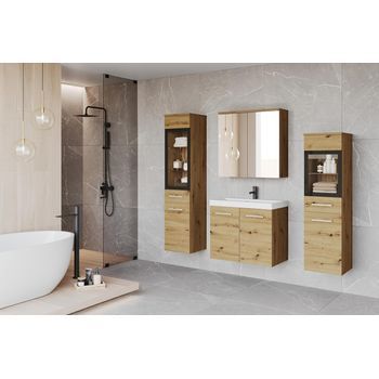Conjunto De Muebles De Baño Madrid Ii, Juego De Muebles De Baño, Lavabo Incluido, Con Iluminación Led, Color Roble Artisan