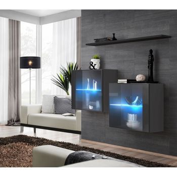 Conjunto De Salón Switch Sbiii En Gris Brillante, Con Puerta De Vidrio Y Led Integrado, Estante Negro, Diseño Moderno.