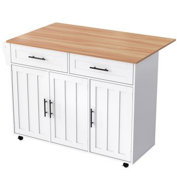 Carrito De Cocina Con Tablero Plegable, Isla De Cocina Blanca Con Ruedas Y Almacenamiento, Mdf Y Madera, 129x71x91.5 Cm