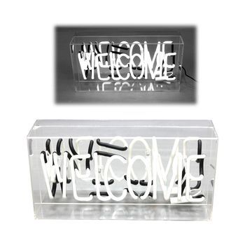 Letrero Neón Welcome Auténtico Blanco En Caja Metacrilato Espejo Para Decoración De