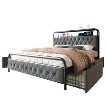 Cama Tapizada 140 X 200 Cm Con 2 Cajones Y Cabecero Contenedor - Tomas Usb Tipo C Y Led - Terciopelo - Gris (sin Colchón)