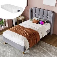cama tapizada simple de lino con usb tipo c y somier de lamas colchon incluido gris 90x200 cm - para adolescente