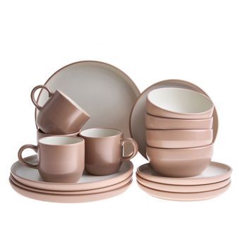 Vajilla De 16 Piezas De Gres Elegante Cocina Y Comedor Para 4 Personas Acabado Esmaltado Marrón Nutmeg