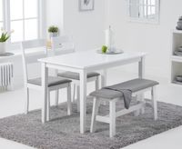chiltern 114cm white painted table with chiltern chairs with grey fabric seats and bench - white 2 chairs