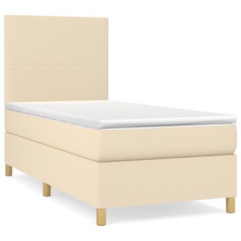 Cama Individual | Cama Para Adulto | Cama Box Spring Con Colchón Tela Color Crema 90x190 Cm