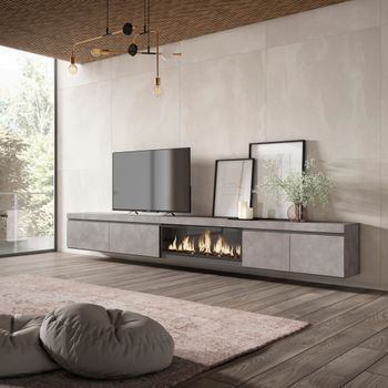 Mueble tv efecto madera cemento 368x35x45cm chimenea efecto fuego